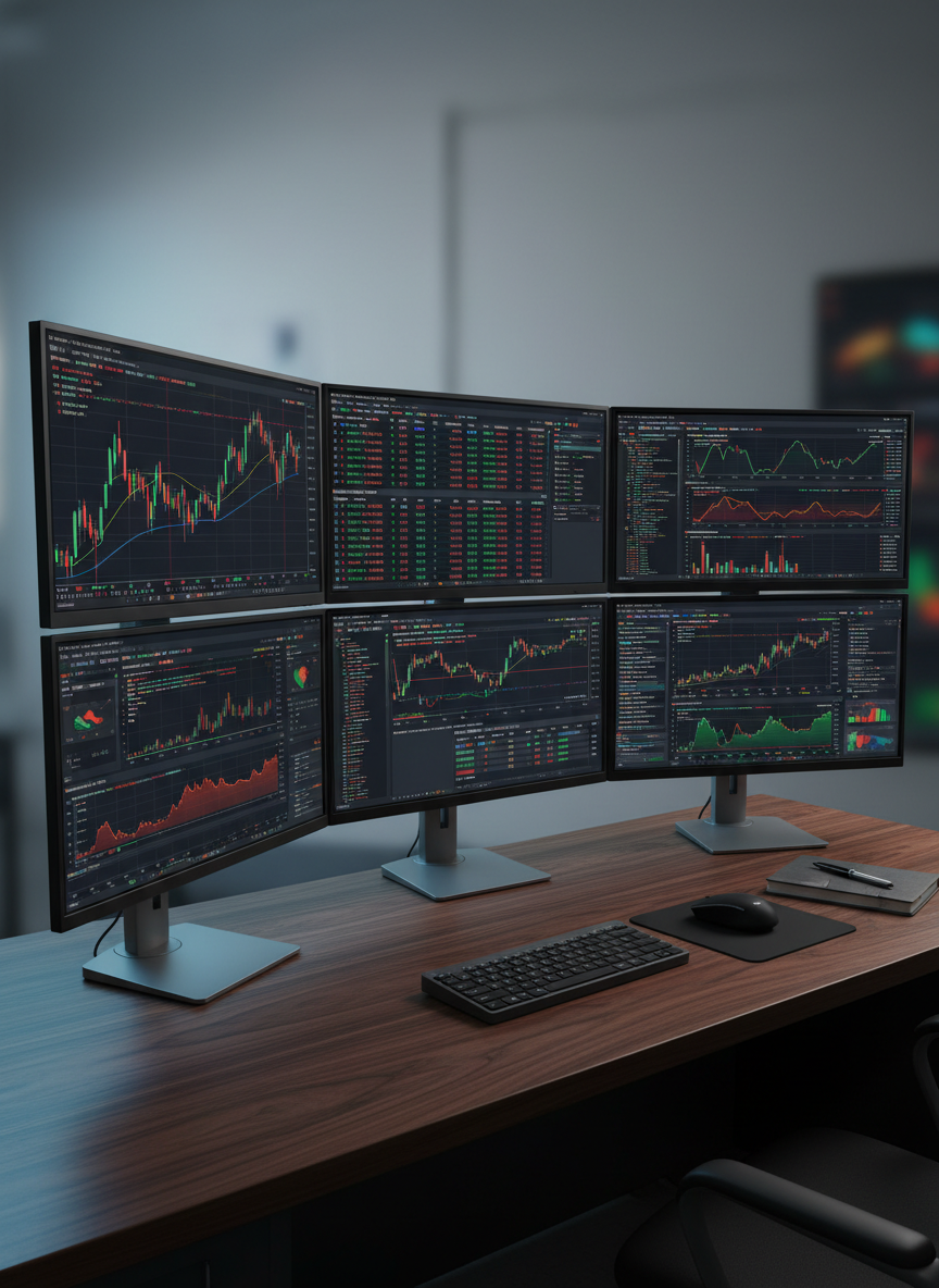 A sleek multi-monitor trading workstation displaying dense, colorful algorithmic trading dashboards and candlestick charts, each screen filled with neatly organized code editors, performance graphs, and real-time order books. The setup rests on a dark walnut desk with a brushed metal keyboard, minimalist mouse, and a single closed notebook with a silver pen. Soft, cool-toned studio lighting from the left creates subtle reflections on the monitor bezels and desk surface, while the background falls into a gentle blur of neutral gray. Shot at an eye-level angle with shallow depth of field, the composition feels clean, modern, and highly professional, emphasizing focus, precision, and a photographic realism suited to a portfolio homepage.