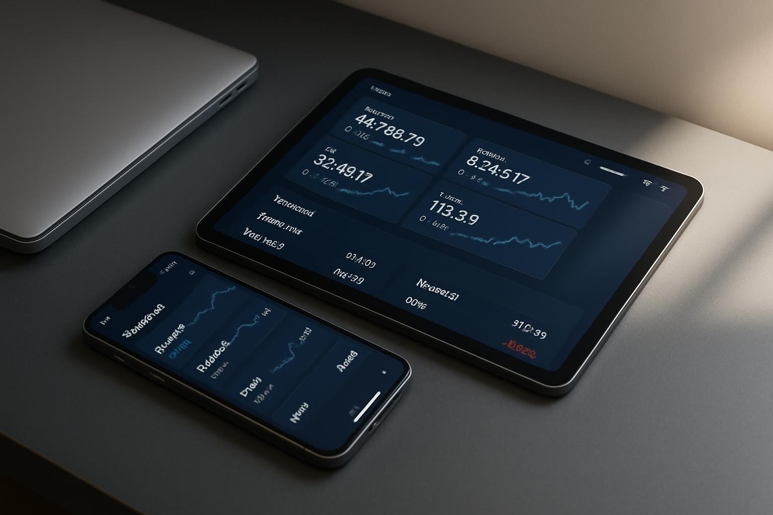 A minimalist, photorealistic smartphone and tablet pair lying on a matte charcoal desk, both screens displaying a clean, custom finance app with live price tiles, compact charts, and a watchlist layout. The UI features a restrained color palette of deep navy, white, and a single accent color for key metrics. Beside the devices rests a slim, silver laptop partially closed, hinting at cross-platform development. Soft daylight from an unseen window washes across the desk from the right, creating gentle gradients and faint shadows, while the background softly blurs into a neutral wall. Captured from a slightly elevated three-quarter angle with balanced composition, the mood is polished, modern, and quietly confident, highlighting mobile and web app capability.